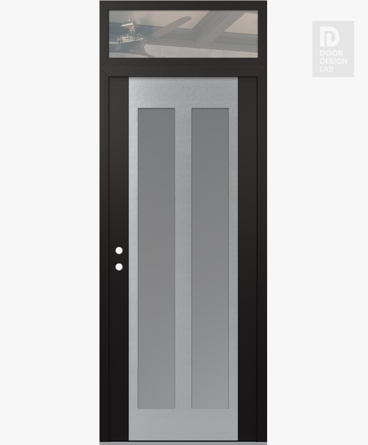 Modern Steel Front Door Diamond C14 36" x 96" black/white frosted Glass Panel stainless steel RHI with Transom clear Glass