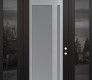 Modern Steel Front Door Diamond C15 68" x 96" black/white frosted Glass Panel stainless steel LHI with 2 Sidelites and Transom mirrored Glass