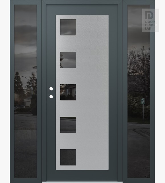 Modern Steel Front Door Diamond C5 68" x 80" anthracite/anthracite mirrored Glass Panel stainless steel RHI with 2 Sidelites mirrored Glass