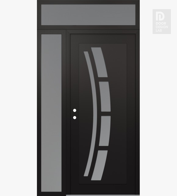 Modern Steel Front Door Diamond C12 52" x 96" black/white frosted Glass Panel black RHI with Sidelite and Transom frosted Glass