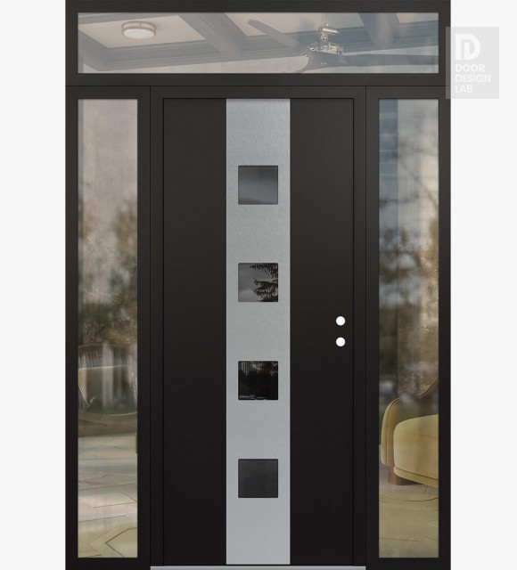 Modern Steel Front Door DIAMOND A12 60" X 96" BLACK/BLACK MIRRORED GLASS PANEL STAINLESS STEEL LHI WITH 2 SIDELITES AND TRANSOM CLEAR GLASS