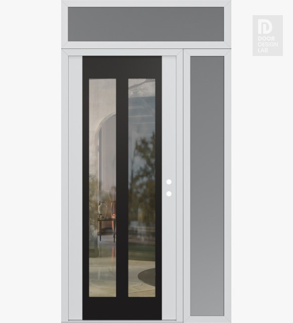 Modern Steel Front Door Diamond C14 50" x 96" white/white clear Glass Panel black LHI with Sidelite and Transom frosted Glass