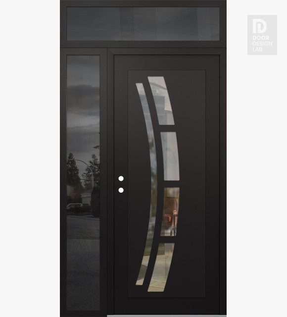 Modern Steel Front Door Diamond C12 50" x 96" black/black clear Glass Panel black RHI with Sidelite and Transom mirrored Glass