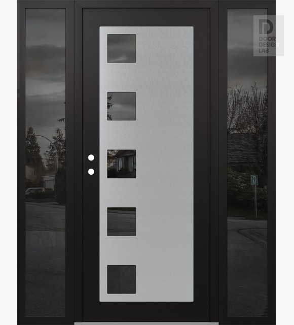 Modern Steel Front Door Diamond C5 64" x 80" black/black mirrored Glass Panel stainless steel RHI with 2 Sidelites mirrored Glass
