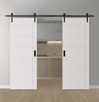 DOUBLE BARN DOOR LOUVER BIANCO NOBLE 36" X 80" X 1 3/4" BLACK HARDWARE