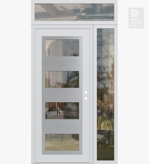 Modern Steel Front Door Diamond C2 48" x 96" white/white clear Glass Panel stainless steel LHI with Sidelite and Transom clear Glass