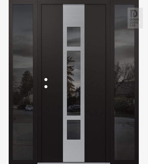 Modern Steel Front Door DIAMOND A9 60" X 80" BLACK/BLACK MIRRORED GLASS PANEL STAINLESS STEEL RHI WITH 2 SIDELITES MIRRORED GLASS