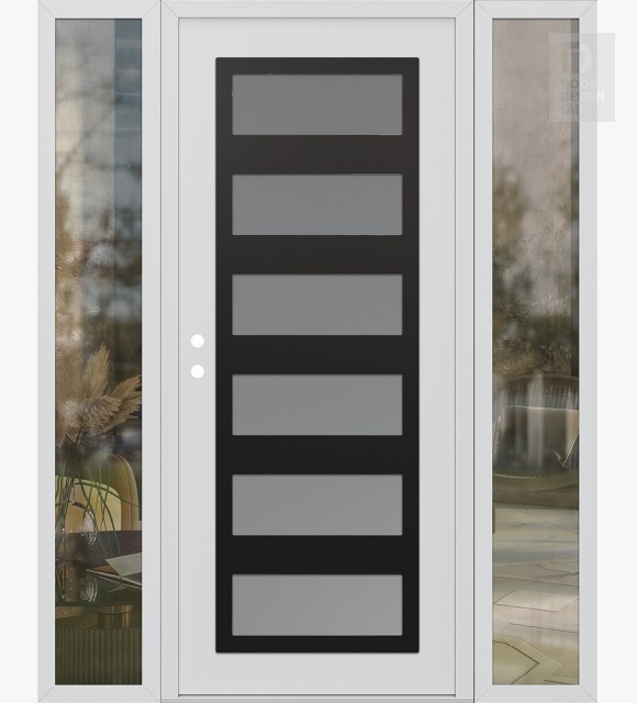 Modern Steel Front Door Diamond C9 68" x 80" white/white frosted Glass Panel black RHI with 2 Sidelites clear Glass