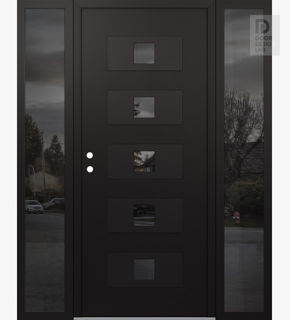 Modern Steel Front Door Diamond D8 68" x 80" black/black mirrored Glass Panel black RHI with 2 Sidelites mirrored Glass