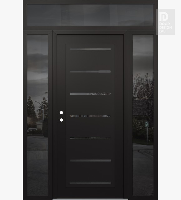 Modern Steel Front Door Diamond C11 64" x 96" black/black mirrored Glass Panel black RHI with 2 Sidelites and Transom mirrored Glass