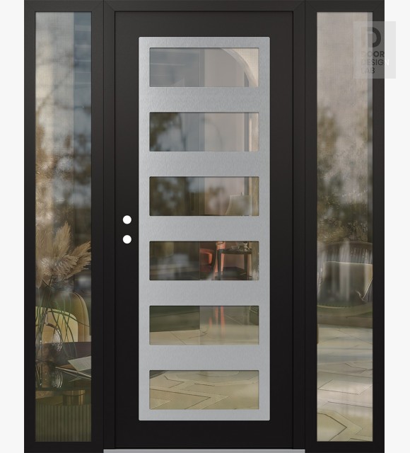 Modern Steel Front Door Diamond C9 68" x 80" black/black clear Glass Panel stainless steel RHI with 2 Sidelites clear Glass