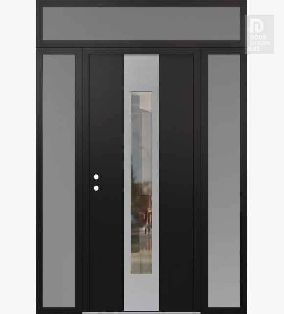 Modern Steel Front Door DIAMOND A1 60" X 96" BLACK/BLACK CLEAR GLASS PANEL STAINLESS STEEL RHI WITH 2 SIDELITES AND TRANSOM FROSTED GLASS