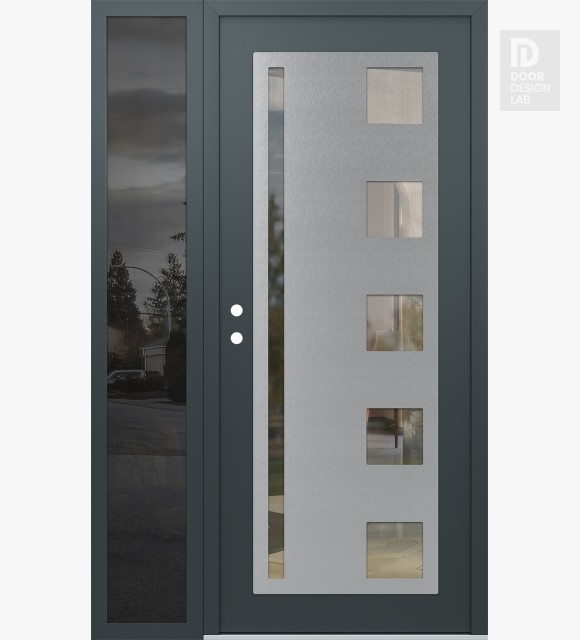 Modern Steel Front Door Diamond C3 50" x 80" anthracite/anthracite clear Glass Panel stainless steel RHI with Sidelite mirrored Glass