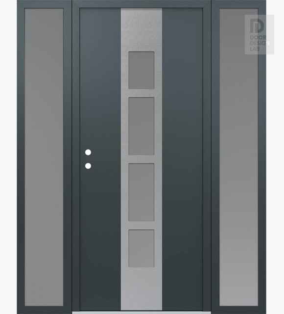 Modern Steel Front Door DIAMOND A10 60" X 80" ANTHRACITE/ANTHRACITE FROSTED GLASS PANEL STAINLESS STEEL RHI WITH 2 SIDELITES FROSTED GLASS