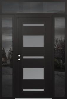 Diamond C10 68" x 96" black/white frosted Glass Panel black RHI with 2 Sidelites and Transom mirrored Glass