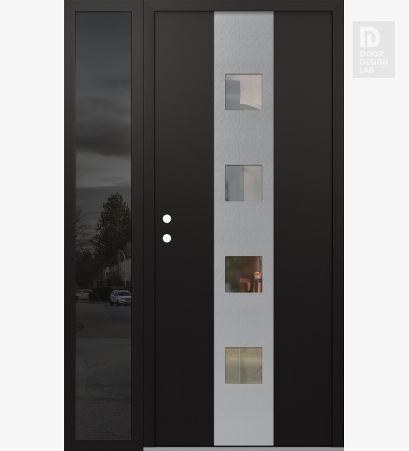 Modern Steel Front Door DIAMOND A12 52" X 80" BLACK/BLACK CLEAR GLASS PANEL STAINLESS STEEL RHI WITH SIDELITE MIRRORED GLASS