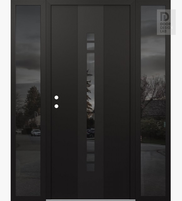 Modern Steel Front Door DIAMOND A4 60" X 80" BLACK/BLACK MIRRORED GLASS PANEL BLACK RHI WITH 2 SIDELITES MIRRORED GLASS