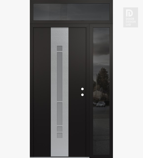 Modern Steel Front Door DIAMOND A3 52" X 96" BLACK/WHITE FROSTED GLASS PANEL STAINLESS STEEL LHI WITH SIDELITE AND TRANSOM MIRRORED GLASS