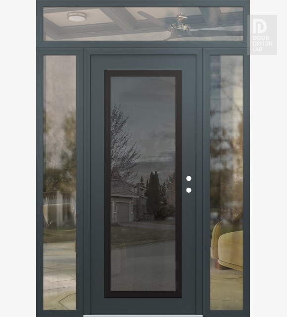 Modern Steel Front Door Diamond C1 68" x 96" anthracite/anthracite mirrored Glass Panel black LHI with 2 Sidelites and Transom clear Glass