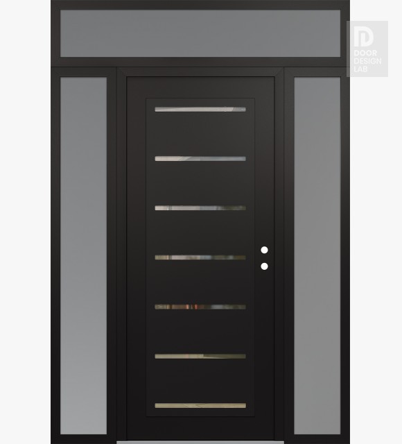 Modern Steel Front Door Diamond C11 60" x 96" black/black clear Glass Panel black LHI with 2 Sidelites and Transom frosted Glass