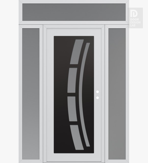 Modern Steel Front Door Diamond C12 64" x 96" white/white frosted Glass Panel black LHI with 2 Sidelites and Transom frosted Glass