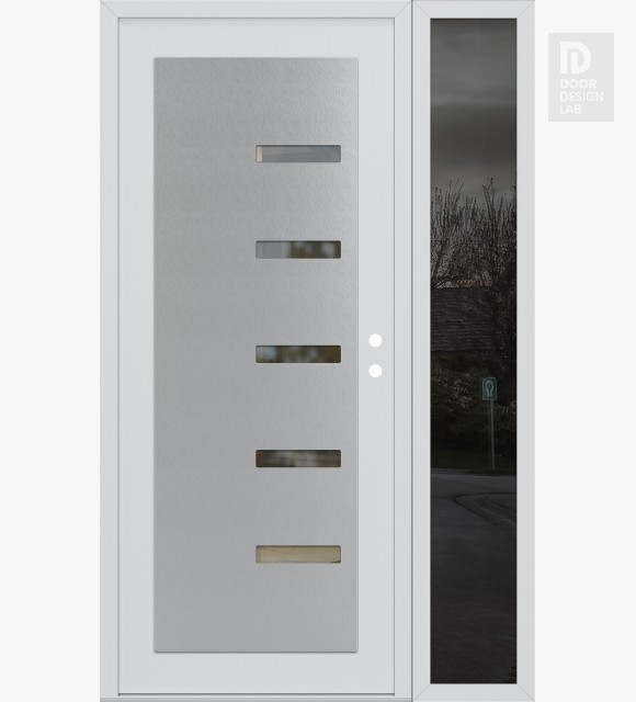 Modern Steel Front Door Diamond C8 52" x 80" white/white clear Glass Panel stainless steel LHI with Sidelite mirrored Glass