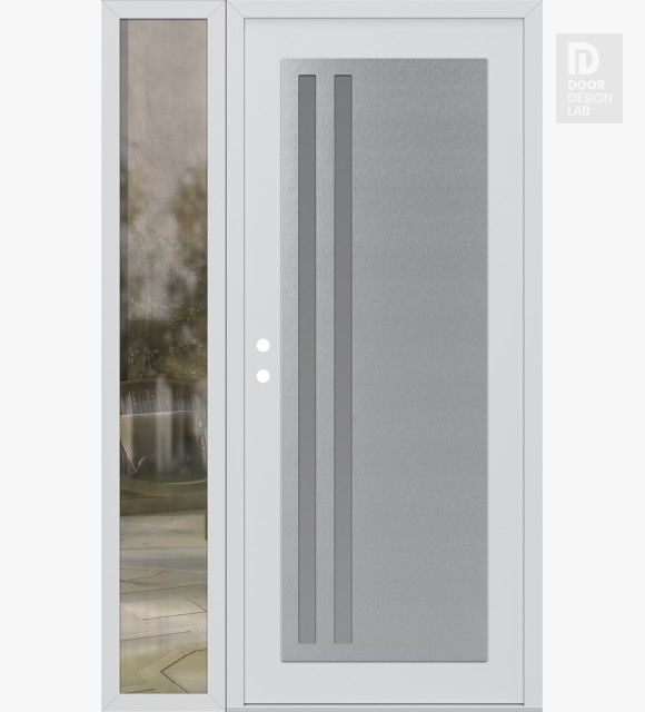 Modern Steel Front Door Diamond C6 52" x 80" white/white frosted Glass Panel stainless steel RHI with Sidelite clear Glass