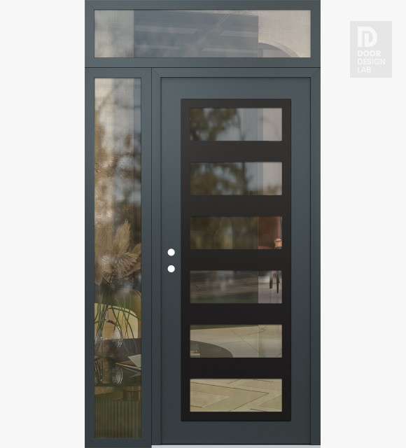 Modern Steel Front Door Diamond C9 52" x 96" anthracite/anthracite clear Glass Panel black RHI with Sidelite and Transom clear Glass
