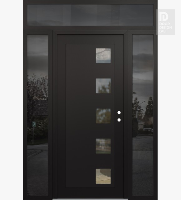Modern Steel Front Door Diamond C5 60" x 96" black/black clear Glass Panel black LHI with 2 Sidelites and Transom mirrored Glass