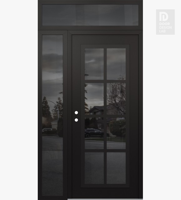 Modern Steel Front Door Diamond C16 48" x 96" black/black mirrored Glass Panel black RHI with Sidelite and Transom mirrored Glass