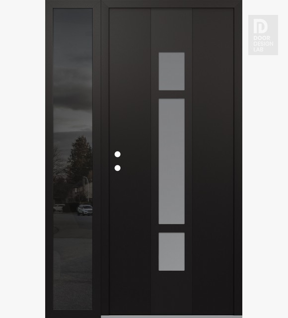Modern Steel Front Door DIAMOND A9 52" X 80" BLACK/WHITE FROSTED GLASS PANEL BLACK RHI WITH SIDELITE MIRRORED GLASS