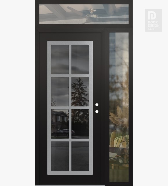 Modern Steel Front Door Diamond C16 50" x 96" black/black mirrored Glass Panel stainless steel LHI with Sidelite and Transom clear Glass