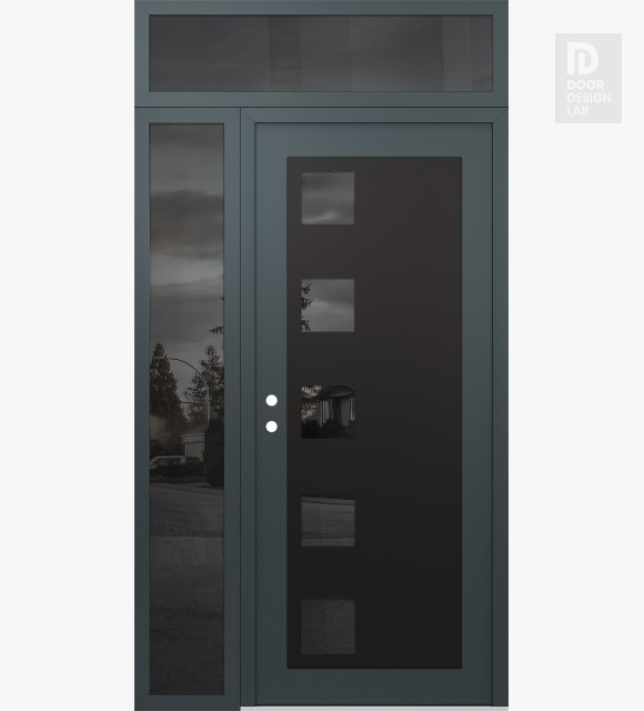 Modern Steel Front Door Diamond C5 50" x 96" anthracite/anthracite mirrored Glass Panel black RHI with Sidelite and Transom mirrored Glass