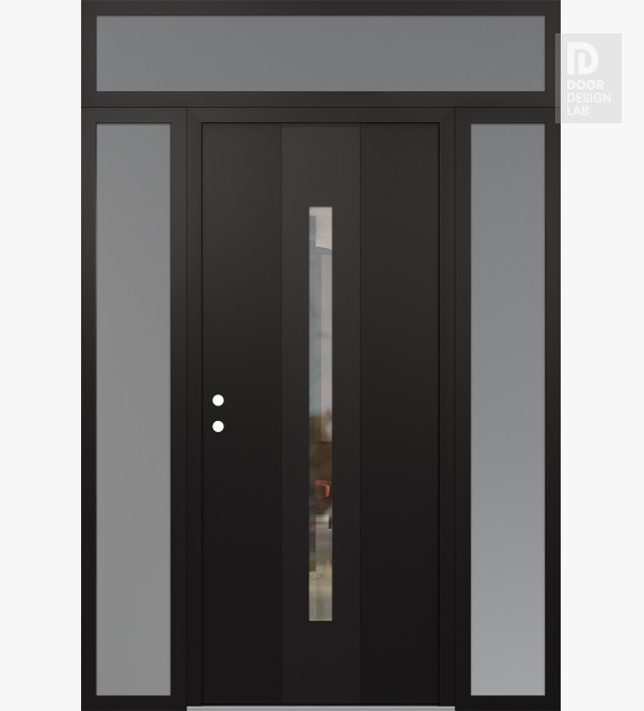 Modern Steel Front Door DIAMOND A2 64" X 96" BLACK/BLACK CLEAR GLASS PANEL BLACK RHI WITH 2 SIDELITES AND TRANSOM FROSTED GLASS