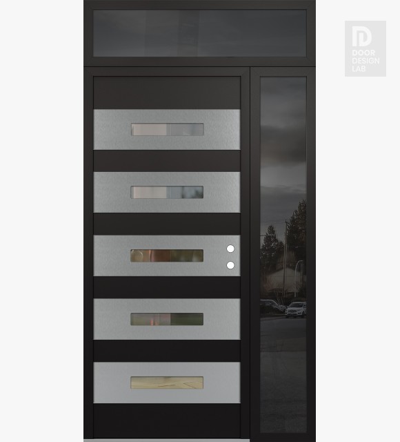Modern Steel Front Door Diamond D9 52" x 96" black/black clear Glass Panel stainless steel LHI with Sidelite and Transom mirrored Glass