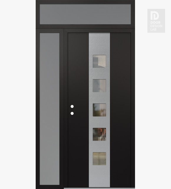 Modern Steel Front Door DIAMOND A13 48" X 96" BLACK/BLACK CLEAR GLASS PANEL STAINLESS STEEL RHI WITH SIDELITE AND TRANSOM FROSTED GLASS