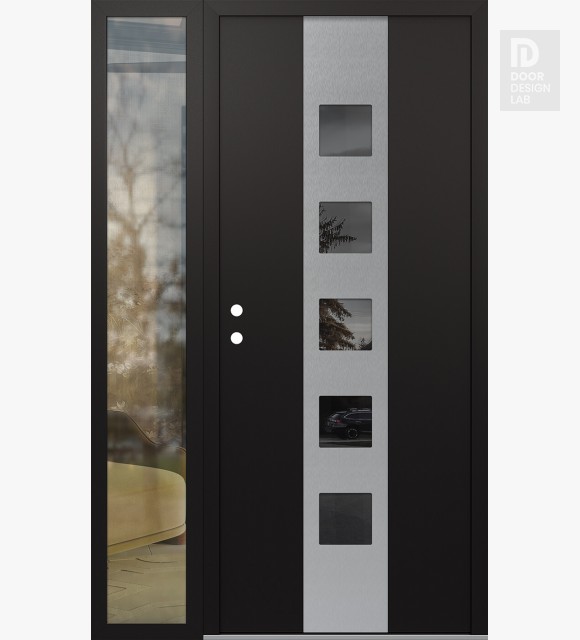 Modern Steel Front Door DIAMOND A13 52" X 80" BLACK/BLACK MIRRORED GLASS PANEL STAINLESS STEEL RHI WITH SIDELITE CLEAR GLASS