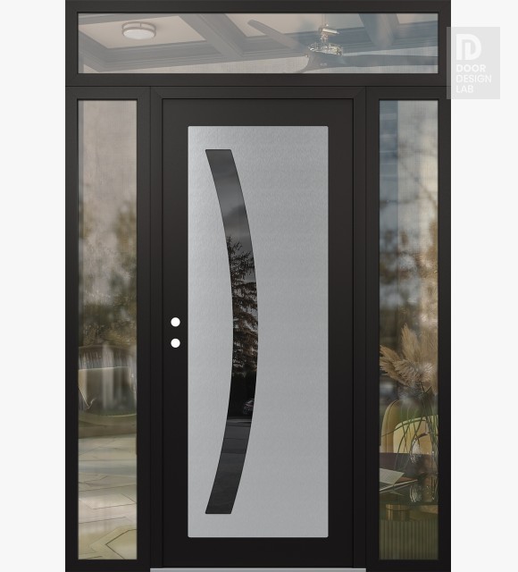 Modern Steel Front Door Diamond C4 64" x 96" black/black mirrored Glass Panel stainless steel RHI with 2 Sidelites and Transom clear Glass