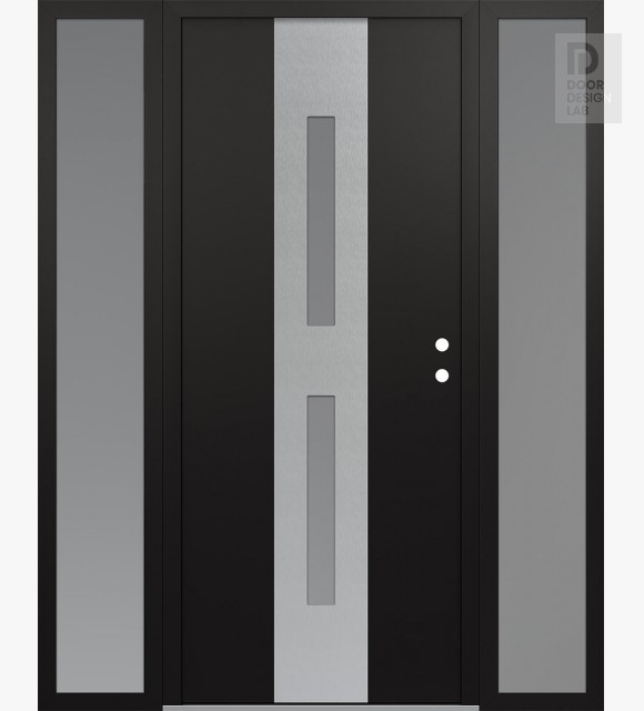Modern Steel Front Door DIAMOND A6 64" X 80" BLACK/WHITE FROSTED GLASS PANEL STAINLESS STEEL LHI WITH 2 SIDELITES FROSTED GLASS