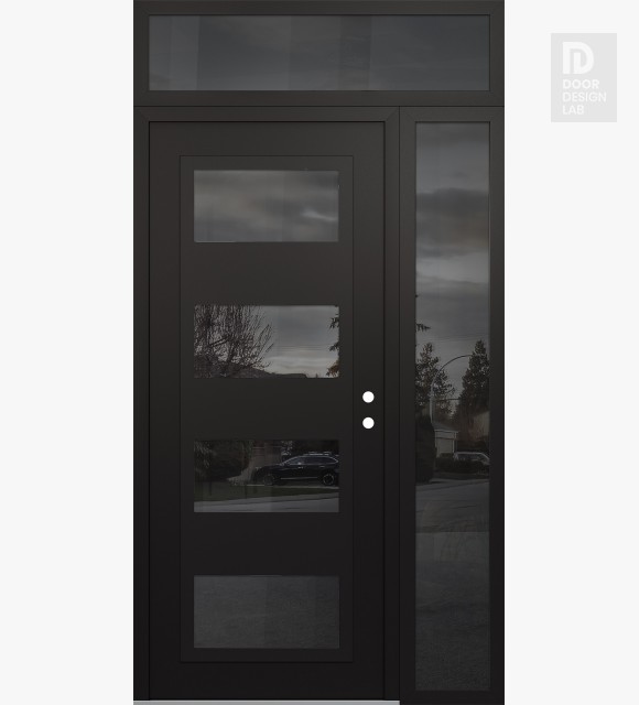 Modern Steel Front Door Diamond C2 48" x 96" black/black mirrored Glass Panel black LHI with Sidelite and Transom mirrored Glass