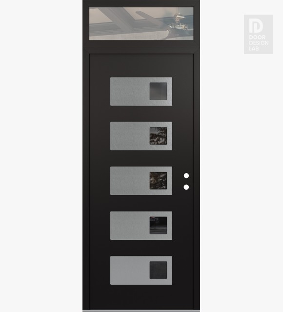 Modern Steel Front Door Diamond D2 36" x 96" black/black mirrored Glass Panel stainless steel LHI with Transom clear Glass