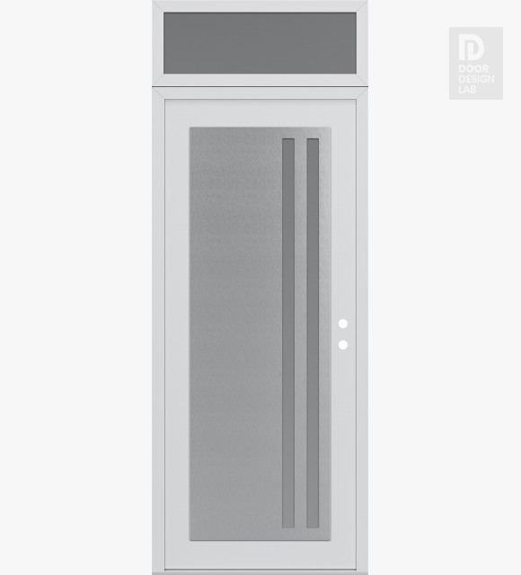 Modern Steel Front Door Diamond C6 36" x 96" white/white frosted Glass Panel stainless steel LHI with Transom frosted Glass