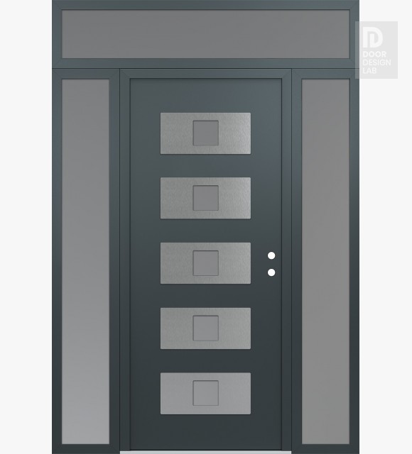 Modern Steel Front Door Diamond D8 68" x 96" anthracite/anthracite frosted Glass Panel stainless steel LHI with 2 Sidelites and Transom frosted Glass