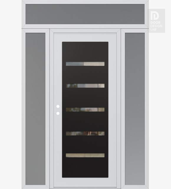 Modern Steel Front Door Diamond C7 68" x 96" white/white clear Glass Panel black RHI with 2 Sidelites and Transom frosted Glass