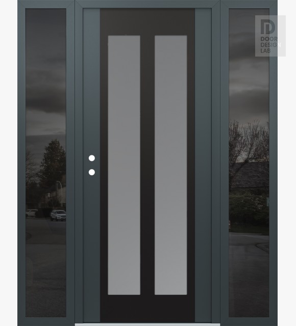 Modern Steel Front Door Diamond C14 60" x 80" anthracite/anthracite frosted Glass Panel black RHI with 2 Sidelites mirrored Glass