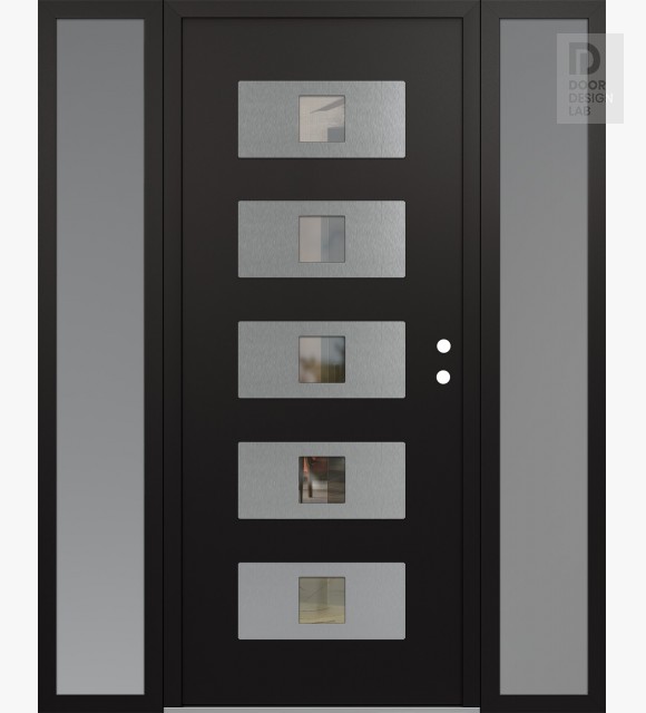 Modern Steel Front Door Diamond D8 64" x 80" black/black clear Glass Panel stainless steel LHI with 2 Sidelites frosted Glass