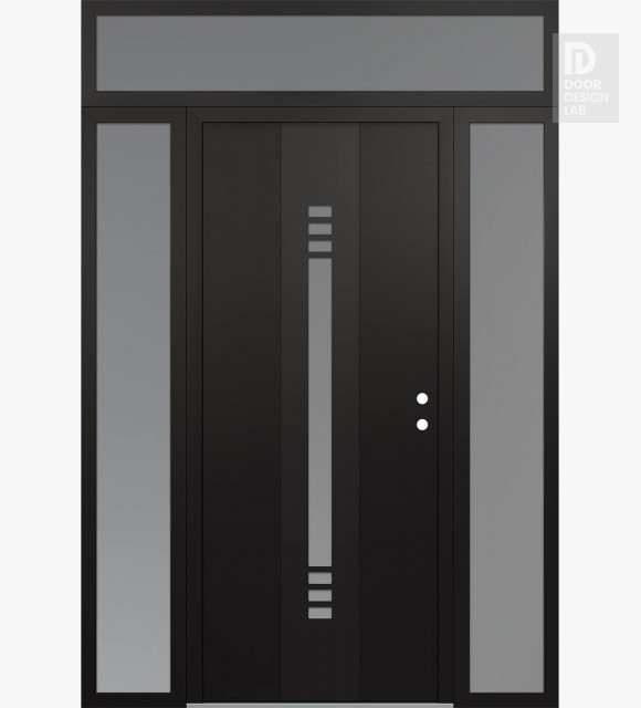 Modern Steel Front Door DIAMOND A5 60" X 96" BLACK/WHITE FROSTED GLASS PANEL BLACK LHI WITH 2 SIDELITES AND TRANSOM FROSTED GLASS