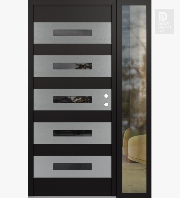 Modern Steel Front Door Diamond D9 48" x 80" black/black mirrored Glass Panel stainless steel LHI with Sidelite clear Glass