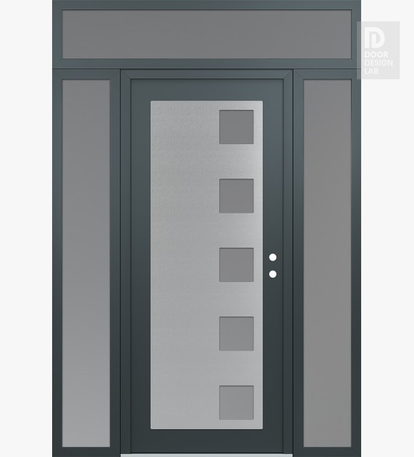 Modern Steel Front Door Diamond C5 68" x 96" anthracite/anthracite frosted Glass Panel stainless steel LHI with 2 Sidelites and Transom frosted Glass