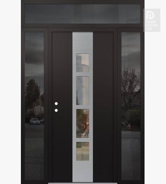 Modern Steel Front Door DIAMOND A10 60" X 96" BLACK/BLACK CLEAR GLASS PANEL STAINLESS STEEL RHI WITH 2 SIDELITES AND TRANSOM MIRRORED GLASS